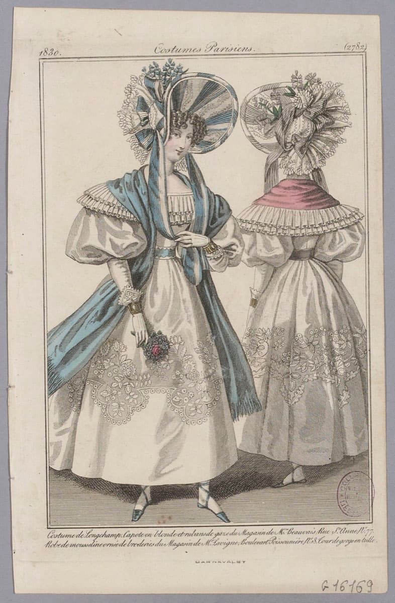 Longchamp · Costumes Parisiens Costume de Longchamp. Capote en blonde et rubans de gaze du Magasin de Mme. Beauvais, Rue Ste. Anne, G.16169